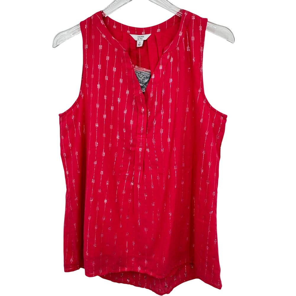 Crown & Ivy blouse peasant sleeveless tank coral silver metallic V neck NEW